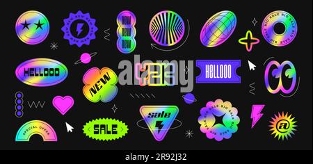 Vendita gradiente olografico vintage e sconto adesivi y2k, elementi grafici. Set di simboli vettoriali astratti, mockup di etichette olografiche isolate su sfondo nero. I distintivi Shine hanno forme diverse. Illustrazione Vettoriale