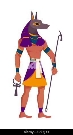 Anubis dio egiziano illustrazione vettoriale piatta. Antica divinità dell'Egitto con la testa di sciacallo e il corpo umano. Carattere religioso della cultura egiziana in abiti faraonici con chiave ankh isolata su sfondo bianco. Illustrazione Vettoriale