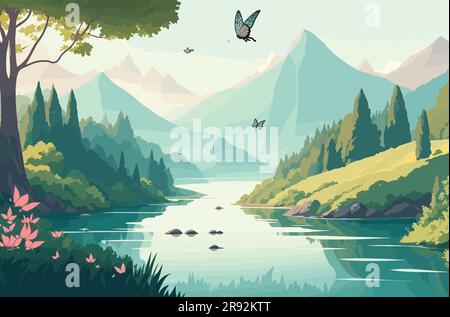 illustrazione vettoriale di sfondo ispirata alla natura, al paesaggio con le montagne, a un fiume che scorre e a una vegetazione lussureggiante. alberi, uccelli o farfalle Illustrazione Vettoriale