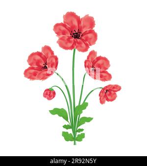 Bouquet di fiori di papavero elemento di disegno dell'acquerello illustrazione vettoriale per il giorno della memoria, giorno dell'Anzac isolato su sfondo bianco Illustrazione Vettoriale