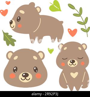 Set di orso bruno carino e kawaii in molti vettori isolati di postura Illustrazione Vettoriale