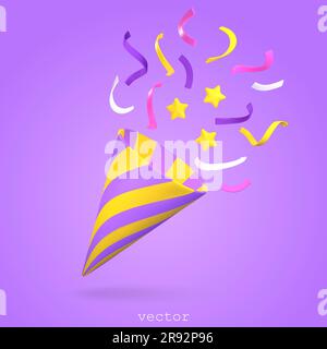 poppers 3d con coriandoli volanti e stelle. Firecracker, simbolo di sorpresa. Per la festa di compleanno, anniversario. Plasticina stile cartone animato. 3D vettoriale Illustrazione Vettoriale