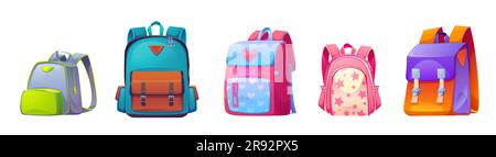 Set di sacche scolastiche per bambini isolate su sfondo bianco. Illustrazione vettoriale di zaini in tessuto colorato con tasche e badge. Collezione di zaini da viaggio. Accessori per avventure turistiche Illustrazione Vettoriale