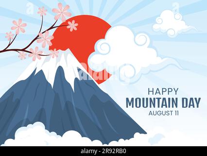 Giornata della montagna in Giappone illustrazione vettoriale l'11 agosto con il Monte Fuji e lo sfondo dei fiori Sakura in modelli piatti disegnati a mano da un cartone animato Illustrazione Vettoriale