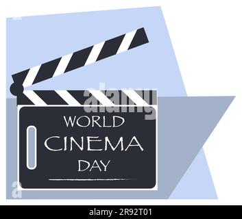 Giornata mondiale del cinema. Clapboard film e testo aperti. Modello di clapperboard, slapstick, dispositivo per la realizzazione di film. Vista frontale. Illustrazione vettoriale Illustrazione Vettoriale