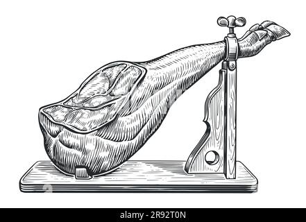 Gamba prosciutto su supporto di legno. Schizzo di maiale di allevamento di carne. Illustrazione per incisioni disegnate a mano in spagnolo Vector Illustrazione Vettoriale