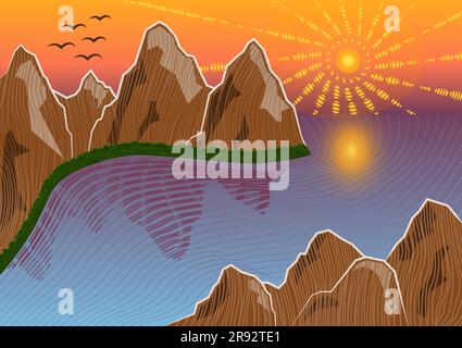 Illustrazione costiera con stormo di uccelli e vista sull'oceano e sulle montagne disegnate in stile tagliato su legno Illustrazione Vettoriale