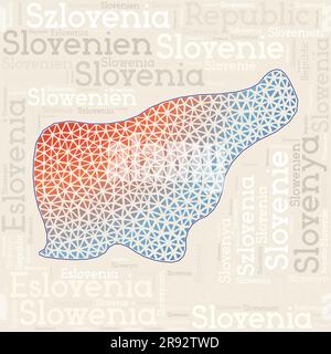 Design della mappa della Slovenia. Nomi dei paesi in diverse lingue e forma della mappa con triangoli geometrici in polietilene basso. Attraente illustrazione vettoriale della Slovenia. Illustrazione Vettoriale