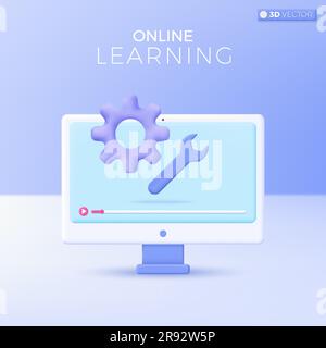 Simboli delle icone di e-learning. Supporto tecnico, riparazione, assistenza, formazione online a domicilio. Disegno di illustrazioni isolate vettoriali 3D Cartoon pas Illustrazione Vettoriale