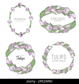 Set vettoriale disegnato a mano di cornici floreali con tulipani di fiori rosa. Elegante modello con logo. Illustrazione Vettoriale