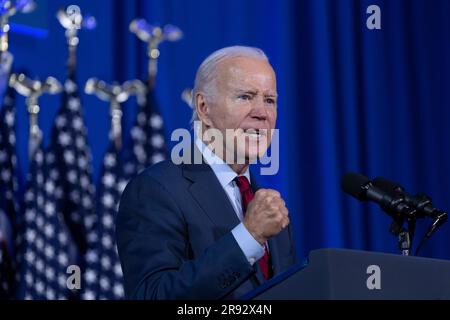 Washington DC, USA. 23 giugno 2023. Il presidente degli Stati Uniti Joe Biden fa osservazioni in un evento politico tenuto da gruppi pro Choice a Washington, DC, 23 giugno 2023. Credit: Chris Kleponis/Pool via CNP/MediaPunch Credit: MediaPunch Inc/Alamy Live News Foto Stock
