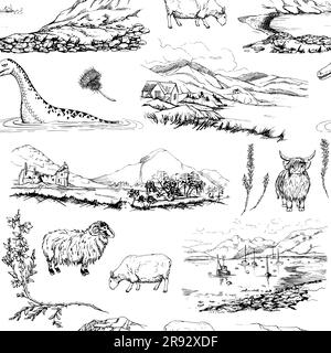 Schizzo vettoriale grafico disegnato a mano con inchiostro. Modello senza cuciture, paesaggi simbolo scozzese e animali. Pecore, mucca pelosa, mostro di Loch Ness, heather Illustrazione Vettoriale
