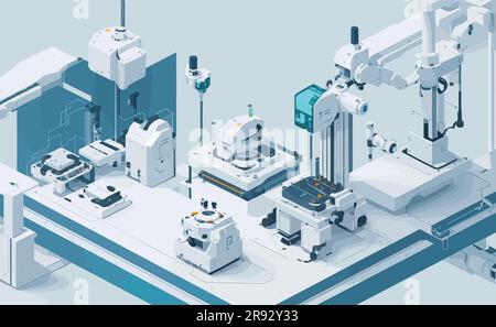 illustrazione di sfondo vettoriale che mostra un laboratorio di robotica. design pulito con una tavolozza di colori bianchi. bracci robotici, schede a circuito stampato e. Illustrazione Vettoriale