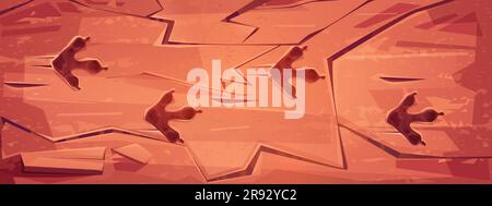 Impronte di animali preistorici sulla superficie rocciosa. Illustrazione vettoriale di pietra fossile con dinosauro, tyrannosaurus, mostro rettile, uccello antico, impronte di zampe bestie. Mostra del museo di archeologia Illustrazione Vettoriale