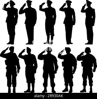 Saluto Soldier Set silhouette Vector, concetto militare uomo. Illustrazione Vettoriale