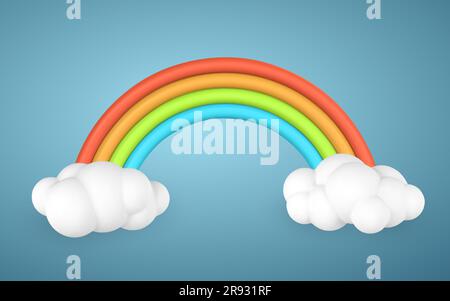 arcobaleno 3d con nuvole in stile cartone animato. Concetto di fenomeno. Illustrazione vettoriale. Illustrazione Vettoriale