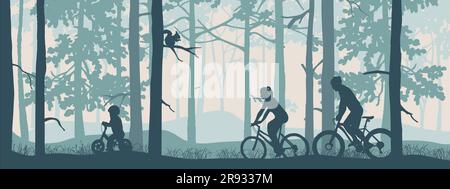 Ciclismo attivo per famiglie nella foresta. Madre, padre, bambino, figura orizzontale con silhouette blu. Attività all'aperto con stile di vita sano. Attività ricreative. Illustrazione Vettoriale