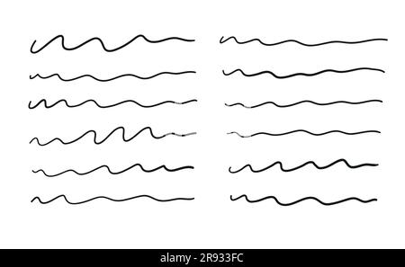 Set di linee di tracciatura, strisce di pennello vettoriali disegnate a mano, sottolineatura a matita, collezione di tratti ondulati di pennarelli. Illustrazione di Doodle isolata su sfondo bianco Illustrazione Vettoriale