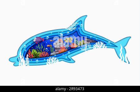 Cartoni animati con silhouette tagliata in carta per delfini, paesaggio sottomarino con pesci tropicali, caraffa vettoriale. Alghe marine nelle profondità oceaniche o nel paesaggio sottomarino della barriera corallina in strati di carta tagliati di silhouette di delfini Illustrazione Vettoriale