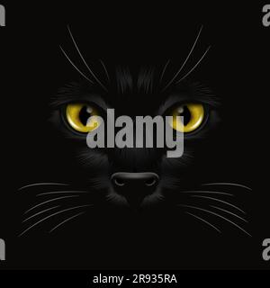 Vector 3d Realistic Yellow, Brown, Orange Cats Eye of a Black Cat in the Dark, at Night. Cat Face con Yes, Nose, Whiskers on Black. Cat Closeup Look Illustrazione Vettoriale