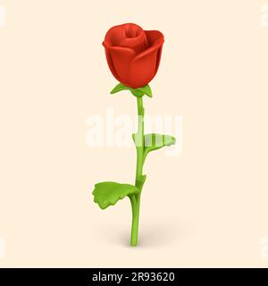 Fiore 3D. Graziosa rosa rossa in stile cartone animato per un bouquet o un decoro. Illustrazione vettoriale. Illustrazione Vettoriale
