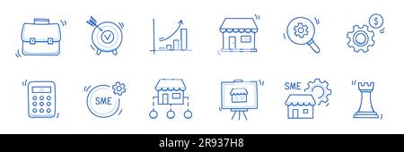 Set di icone per gli scarabocchi delle piccole e medie imprese. Icona di stile per schizzi disegnati a mano per aziende di piccole e medie dimensioni. Partenariato locale, strategia economica, concetto di franchising. Illustrazione vettoriale. Illustrazione Vettoriale