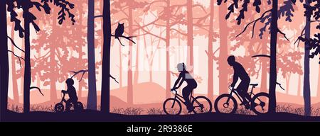 Ciclismo attivo per famiglie nella foresta. Madre, padre, bambino, figura orizzontale con silhouette rosa. Attività all'aperto con stile di vita sano. Attività ricreative. Ban Illustrazione Vettoriale