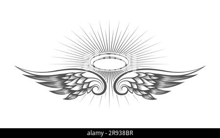 Tatuaggio di Halo con Angelo religioso Wings in stile incisione isolato su sfondo bianco. Illustrazione vettoriale Illustrazione Vettoriale