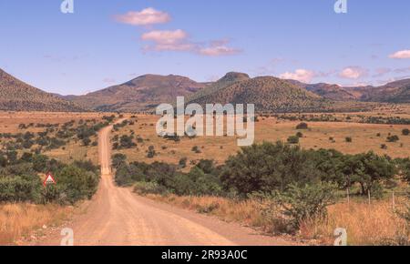 La strada remota per Groot-Samenkomst nella provincia del Capo Orientale in Sudafrica. Foto Stock
