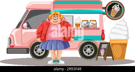 Illustrazione di una donna davanti a un camion di gelati Illustrazione Vettoriale