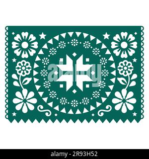 Disegno del modello vettoriale di Christmas Papel Picado con fiocco di neve, stelle e fiori in verde decorazione del ritaglio della carta della ghirlanda messicana su sfondo bianco Illustrazione Vettoriale