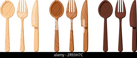 Posate in legno - set di icone con cucchiaio a forchetta e coltello dal design piatto isolato su sfondo bianco. Vista dall'alto stoviglie in legno di diversi colori - cucchiaio, forchetta, coltello. Illustrazione Vettoriale