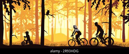 Ciclismo attivo per famiglie nella foresta. Madre, padre, figlio, figura orizzontale arancione. Attività all'aperto con stile di vita sano. Attività ricreative. B Illustrazione Vettoriale