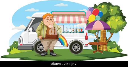 Illustrazione dell'uomo in sovrappeso davanti al camion di cibo per caffè Illustrazione Vettoriale