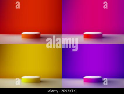 Set di piedistallo bianco vuoto realistico 3D su sfondo dai colori accesi stile minimale. Da utilizzare per presentazioni estetiche, mockup per vetrine, showroo Illustrazione Vettoriale
