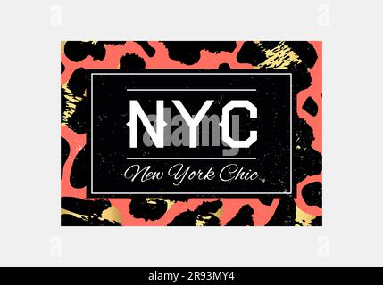 Tipografia dello slogan di New York su sfondo leopardo. T-shirt di moda. Maglietta ragazza con stampa trendy. Slogan pelle animale grafica. T-shirt trendy Illustrazione Vettoriale