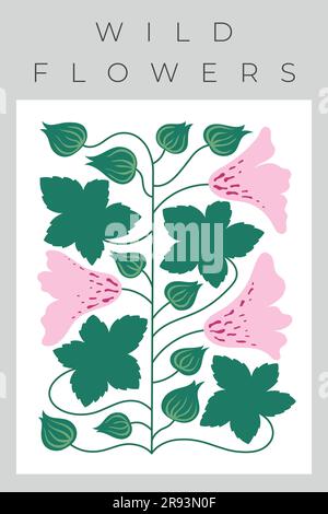 Stampa da parete Vector vintage con fiori, rosa selvatica, foglie ondulate, forme astratte. Forma semplice ad hoc per timbri, striscioni, biglietti di auguri e poster. Illustrazione Vettoriale