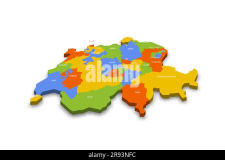 Svizzera carta politica delle divisioni amministrative - Cantoni. Mappa vettoriale 3D colorata con nomi di provincia e ombre eliminate. Illustrazione Vettoriale