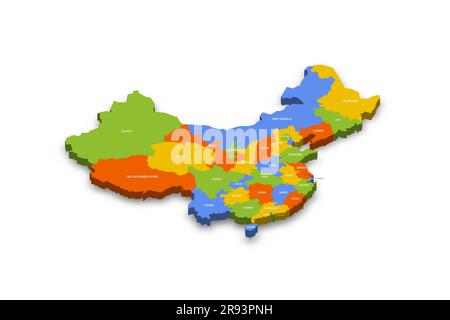 Mappa politica della Cina delle divisioni amministrative - province, regioni autonome e comuni. Mappa vettoriale 3D colorata con nomi di provincia e ombre eliminate. Illustrazione Vettoriale