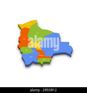 Mappa politica della Bolivia delle divisioni amministrative - dipartimenti. Mappa vettoriale 3D colorata con nomi di provincia e ombre eliminate. Illustrazione Vettoriale