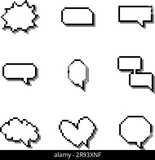 Set di Bubble Speech, stile Pixel art a 8 bit su sfondo bianco Illustrazione Vettoriale