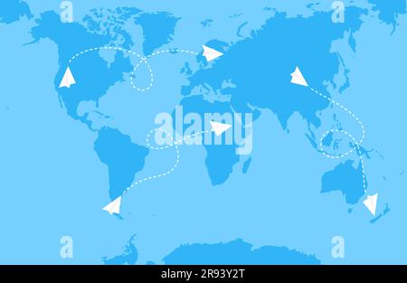 White paper aerei e linee di rotte aeree su una mappa blu del mondo. Illustrazione del vettore piatto Illustrazione Vettoriale