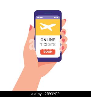 Prenotazione biglietti online. Smartphone con custodia per le donne con l'app biglietti online. App di prenotazione online per telefono cellulare. Illustrazione Vettoriale