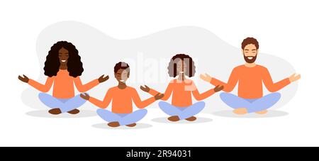 Famiglia multinazionale in abiti casual medita insieme in posizione di loto. Illustrazione vettoriale in stile piatto Illustrazione Vettoriale