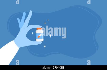 La mano di un medico in un guanto medico blu che tiene un vaso di medicine o vitamine su sfondo blu con spazio per la copia. Illustrazione vettoriale in stile piatto Illustrazione Vettoriale
