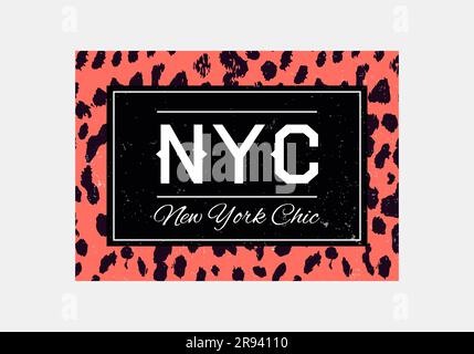 Tipografia dello slogan di New York su sfondo leopardo. T-shirt di moda. Maglietta ragazza con stampa trendy. Slogan pelle animale grafica. T-shirt trendy Illustrazione Vettoriale