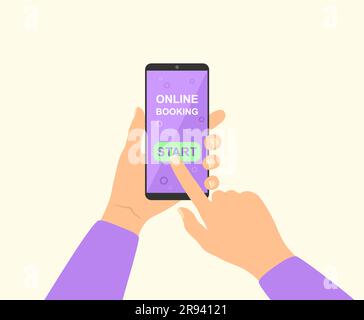 Porta con te lo smartphone con l'applicazione per la prenotazione online sullo schermo. Illustrazione vettoriale in stile piatto Illustrazione Vettoriale