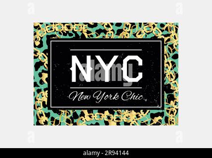 Tipografia dello slogan di New York su sfondo leopardo. T-shirt di moda. Maglietta ragazza con stampa trendy. Slogan pelle animale grafica. T-shirt trendy Illustrazione Vettoriale