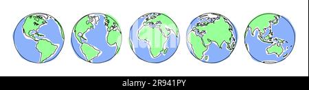 Icone di messa a terra impostate. Globo terrestre con i contorni dei continenti da lati diversi Illustrazione Vettoriale