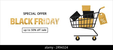 Banner dell'offerta speciale Black friday. Carrello con scatole nere e dorate, etichetta sconto e tipografia su sfondo bianco. Illustrazione vettoriale piatta Illustrazione Vettoriale